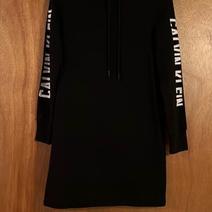 New Black Calvin Klein fleece dress, hooded.